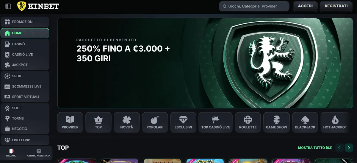 KinBet homepage bookmaker non AAMS
