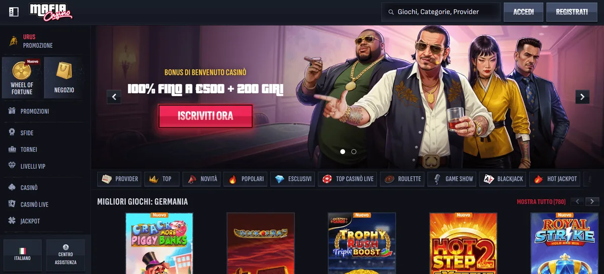 MafiaCasino homepage scommesse sportive non AAMS